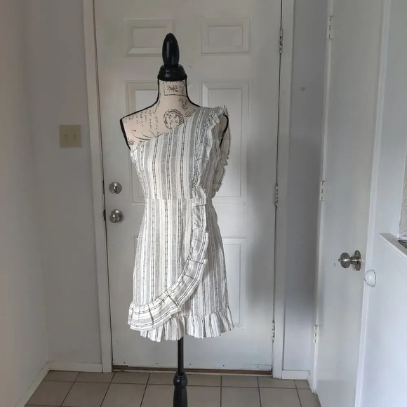 Linen Blend Sleeveless One Shoulder Mini Dress Ruffle Pinstripe Black & white S - Picture 11 of 14